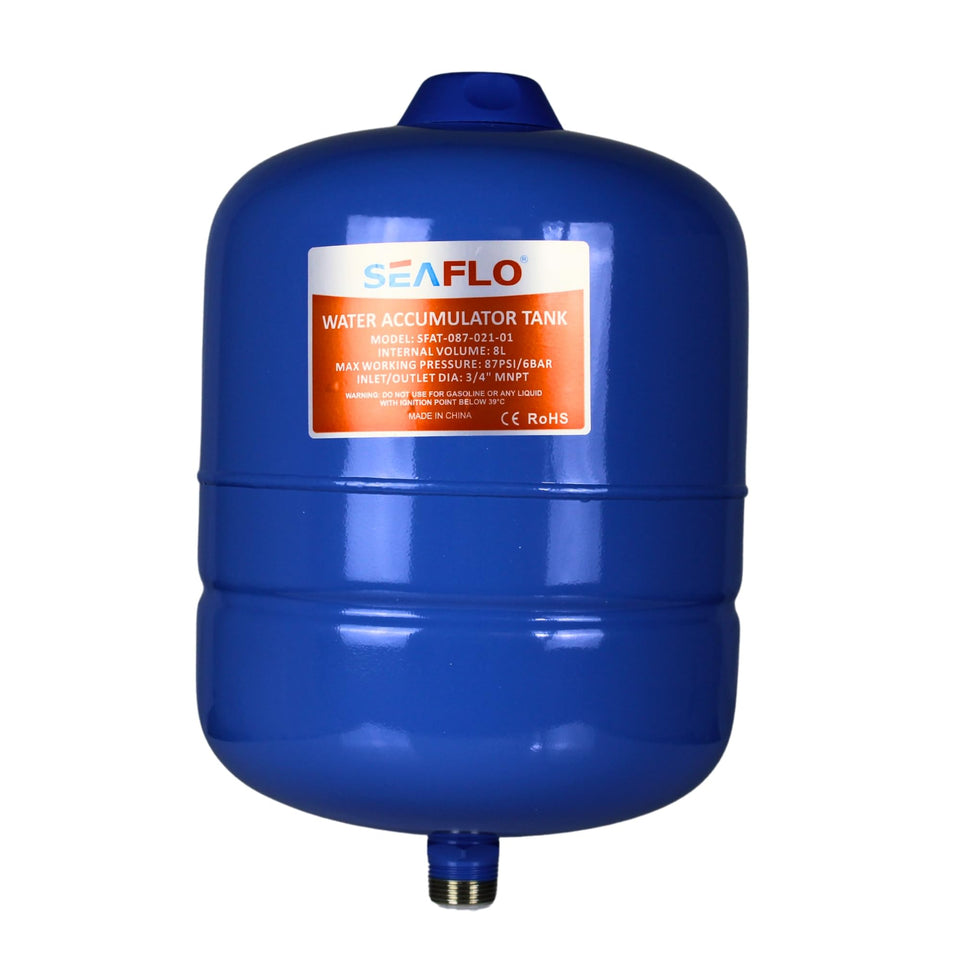 SEAFLO 2 Gallon accumulator, front view, compact design ideal for RV installations.