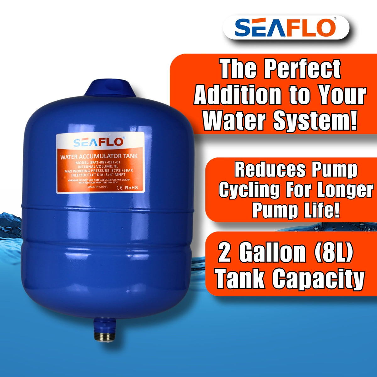 SEAFLO 2 Gallon accumulator mounted under sink, discreet plumbing integration.