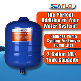SEAFLO 2 Gallon accumulator mounted under sink, discreet plumbing integration.