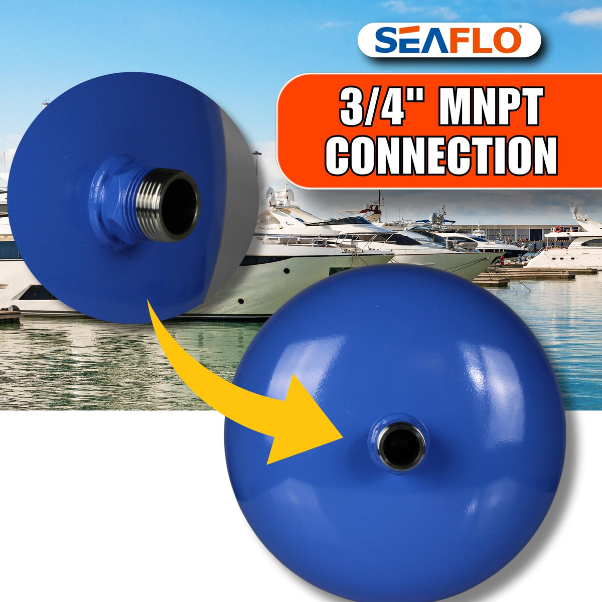 SEAFLO 2 Gallon accumulator, rugged coating seen in marine environment.