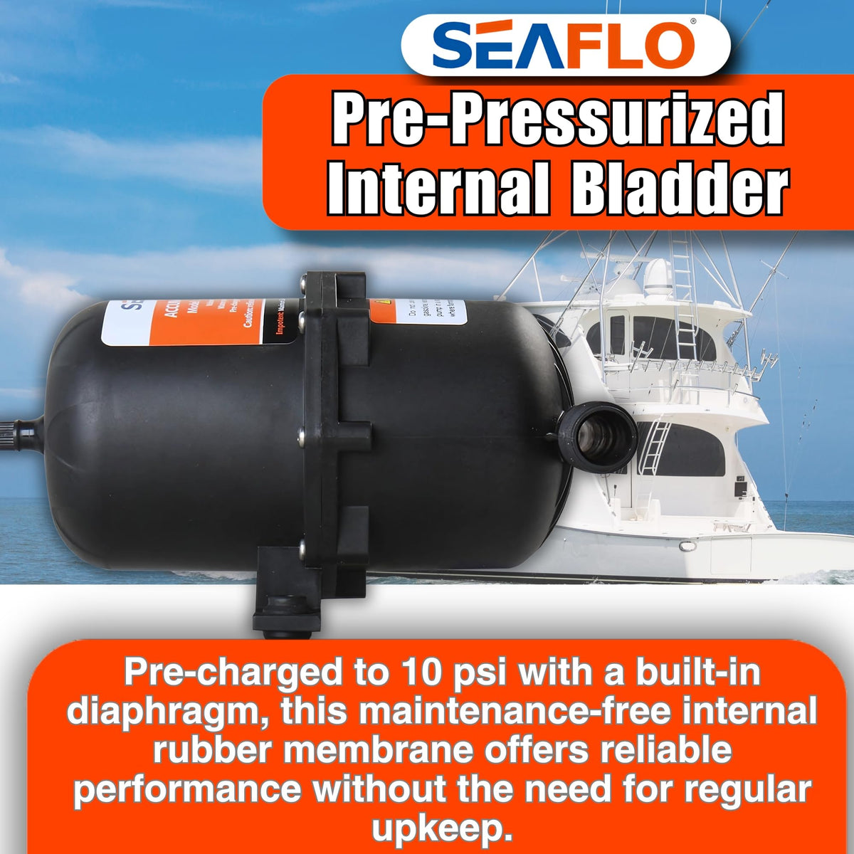 SEAFLO accumulator tank ports highlight 1/2 inch MNPT connections for easy fitting.