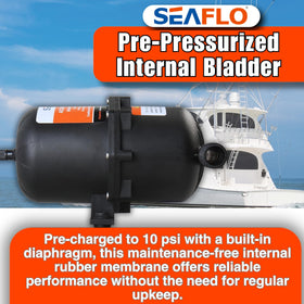 SEAFLO accumulator tank ports highlight 1/2 inch MNPT connections for easy fitting.