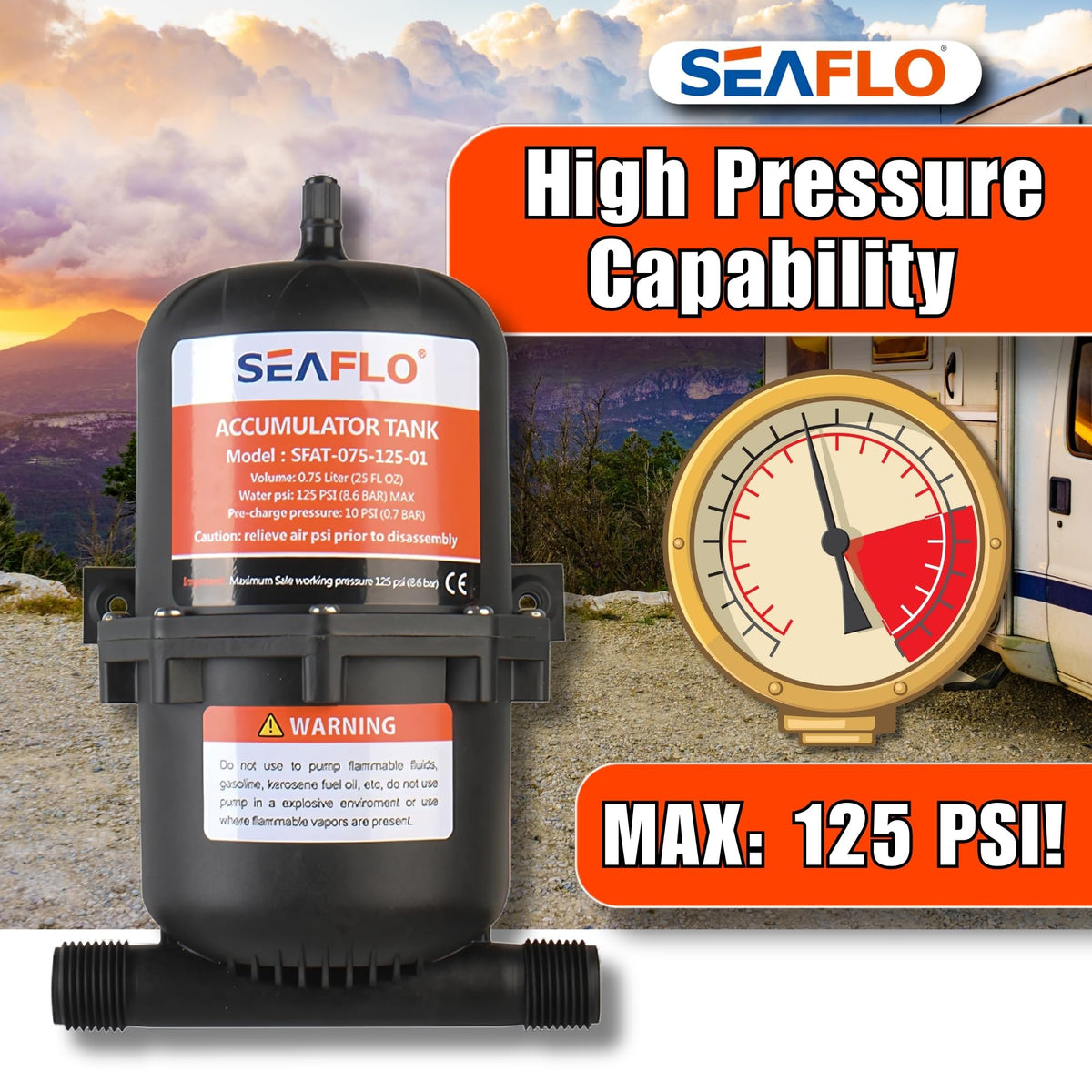SEAFLO accumulator tank inline with RV system reduces pump cycling and extends component life.