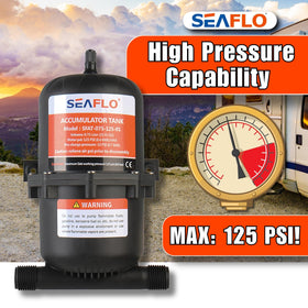 SEAFLO accumulator tank inline with RV system reduces pump cycling and extends component life.