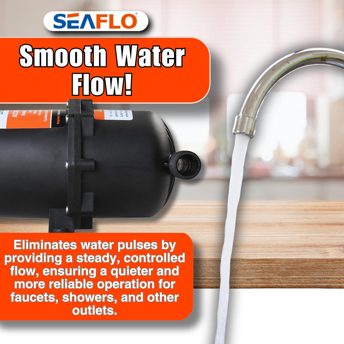 SEAFLO accumulator tank vibration dampening promotes quieter operation in tight spaces.