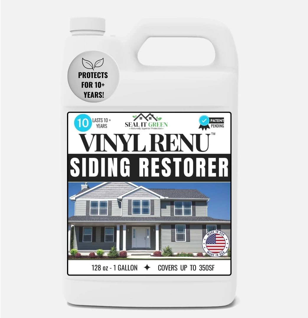 Seal It Green Vinyl Renu bottle demonstrates color restoration for siding.