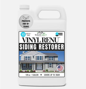 Seal It Green Vinyl Renu bottle demonstrates color restoration for siding.