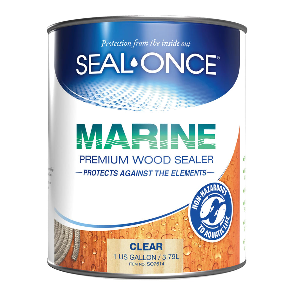 Seal-Once Marine 1 gallon bottle for outdoor wood sealing and moisture protection.