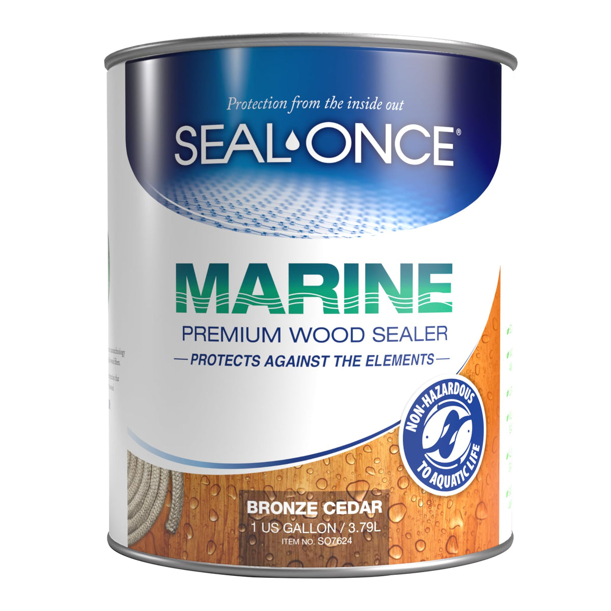 Seal-Once Marine Premium Wood Sealer bottle front showing durable, UV-stable protection for outdoors.