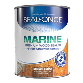 Seal-Once Marine Premium Wood Sealer bottle front showing durable, UV-stable protection for outdoors.