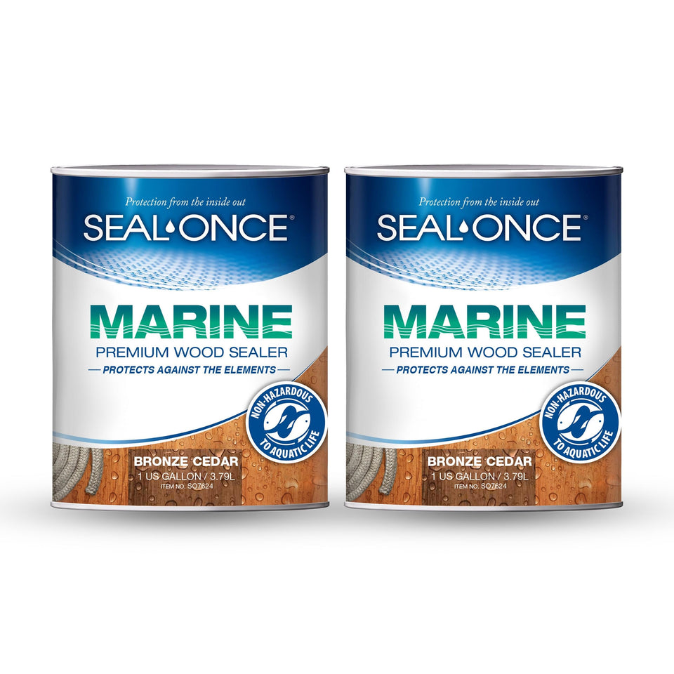 Seal-Once Marine Ready Mix bottle applying bronze cedar sealer on outdoor wood for protection