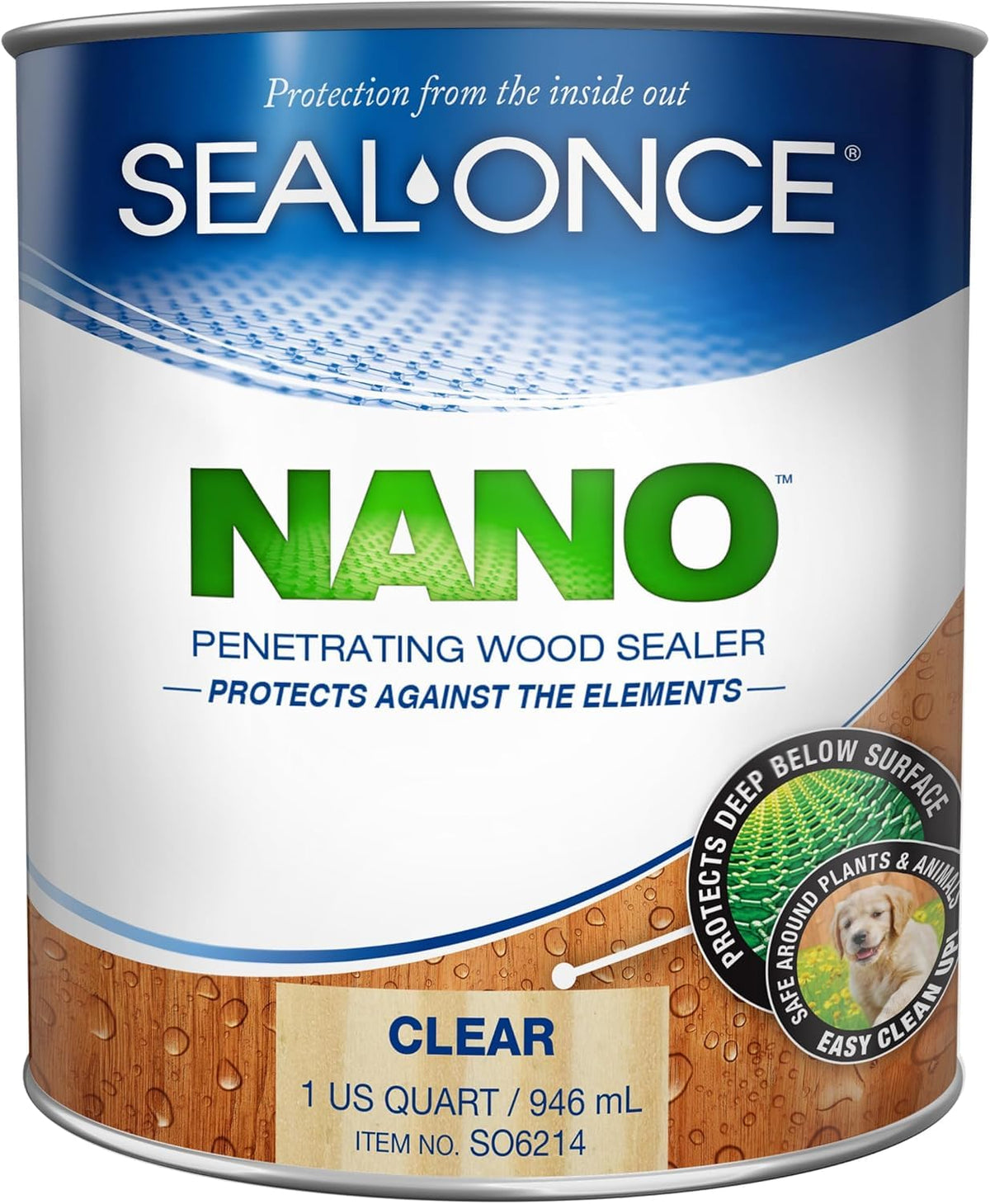 Seal-Once Nano Penetrating Wood Sealer bottle close-up for odorless, easy application.