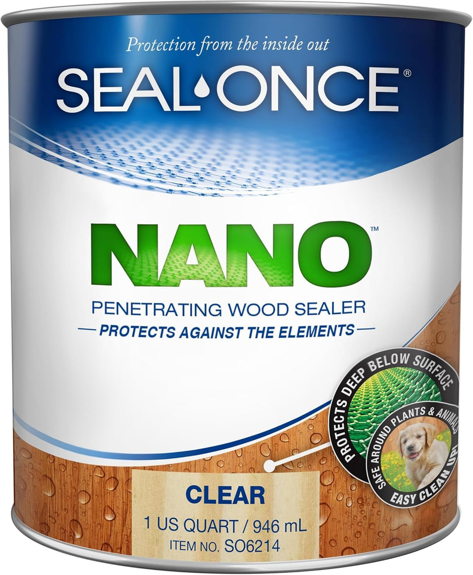 Seal-Once Nano Penetrating Wood Sealer bottle close-up for odorless, easy application.