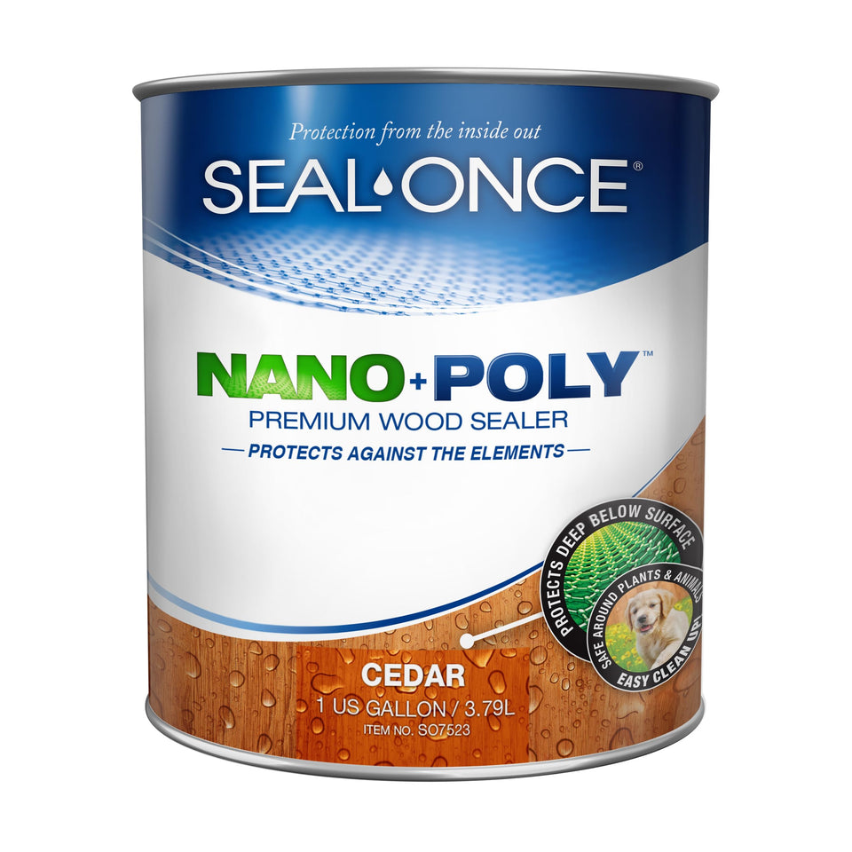 Seal-Once Nano+Poly penetrating sealer on cedar bottle protects outdoor surfaces