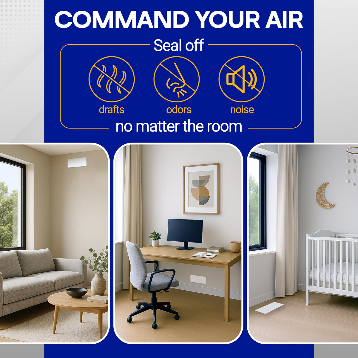SEAL360 magnetic vent covers demonstrate a complete seal over floor, wall, or ceiling vents.