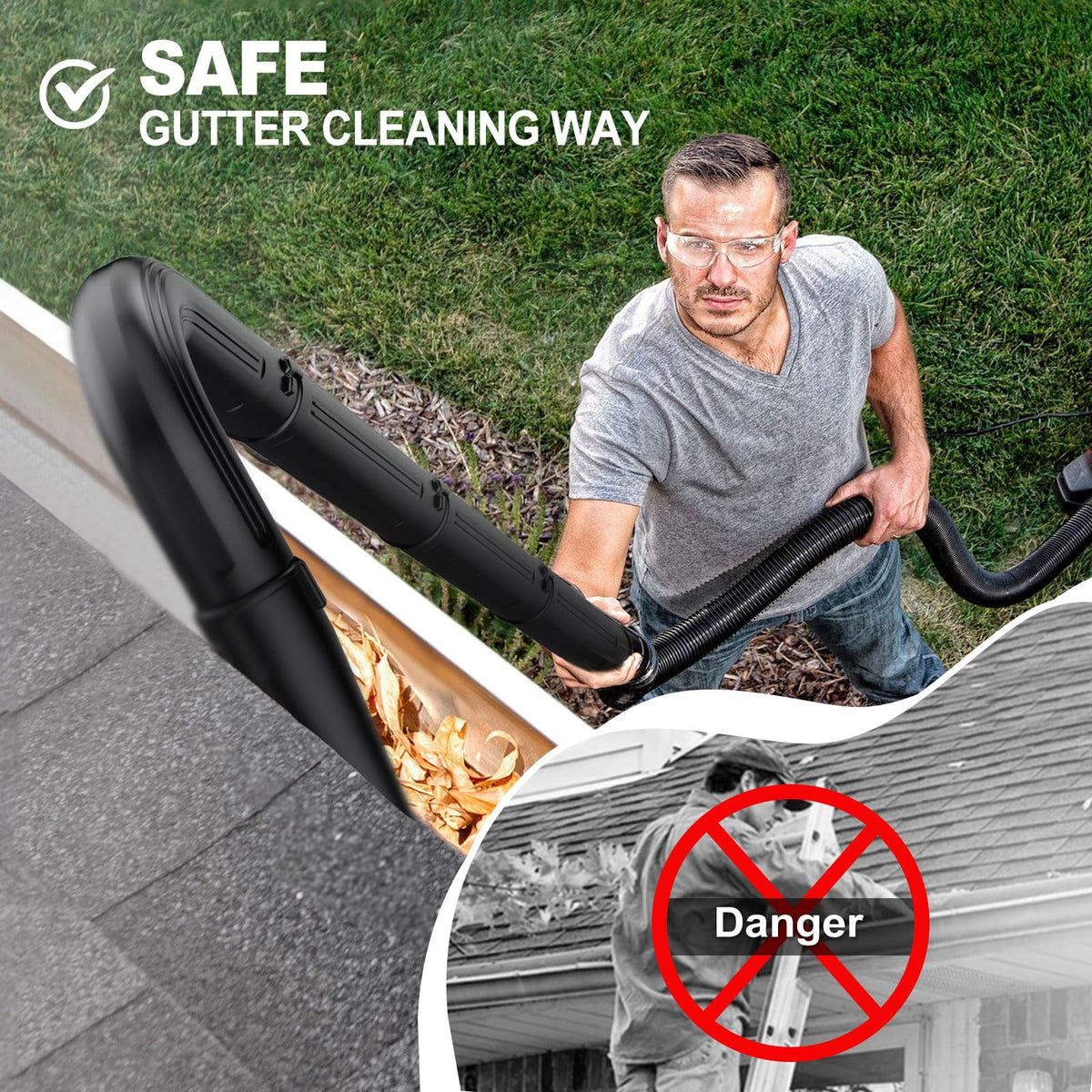 Sealegend curved nozzle and tip nozzle demonstrate targeted debris removal from gutters.