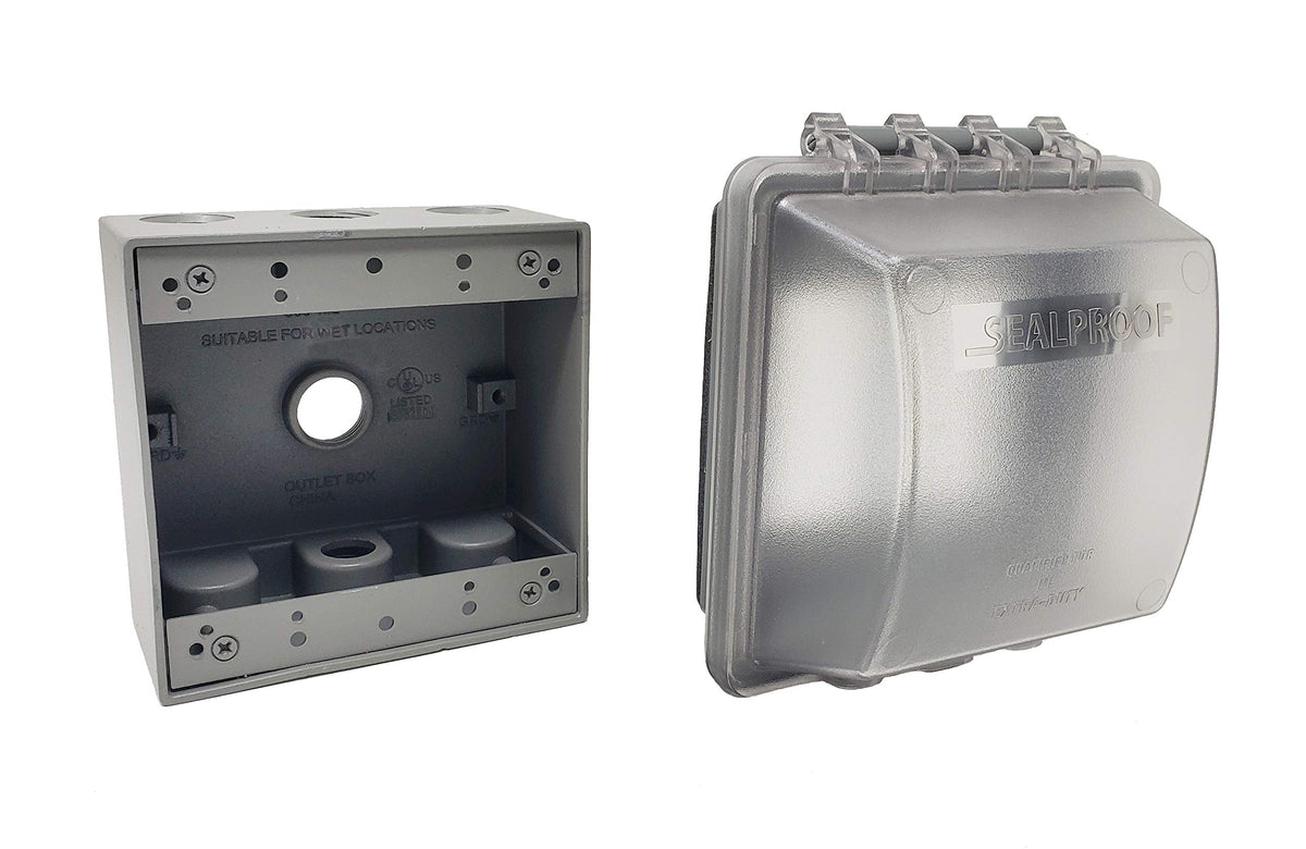 Sealproof 2-Gang Weatherproof Outlet Cover in outdoor use protects exterior outlets.