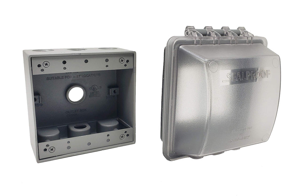 Sealproof 2-Gang Weatherproof Outlet Cover in outdoor use protects exterior outlets.