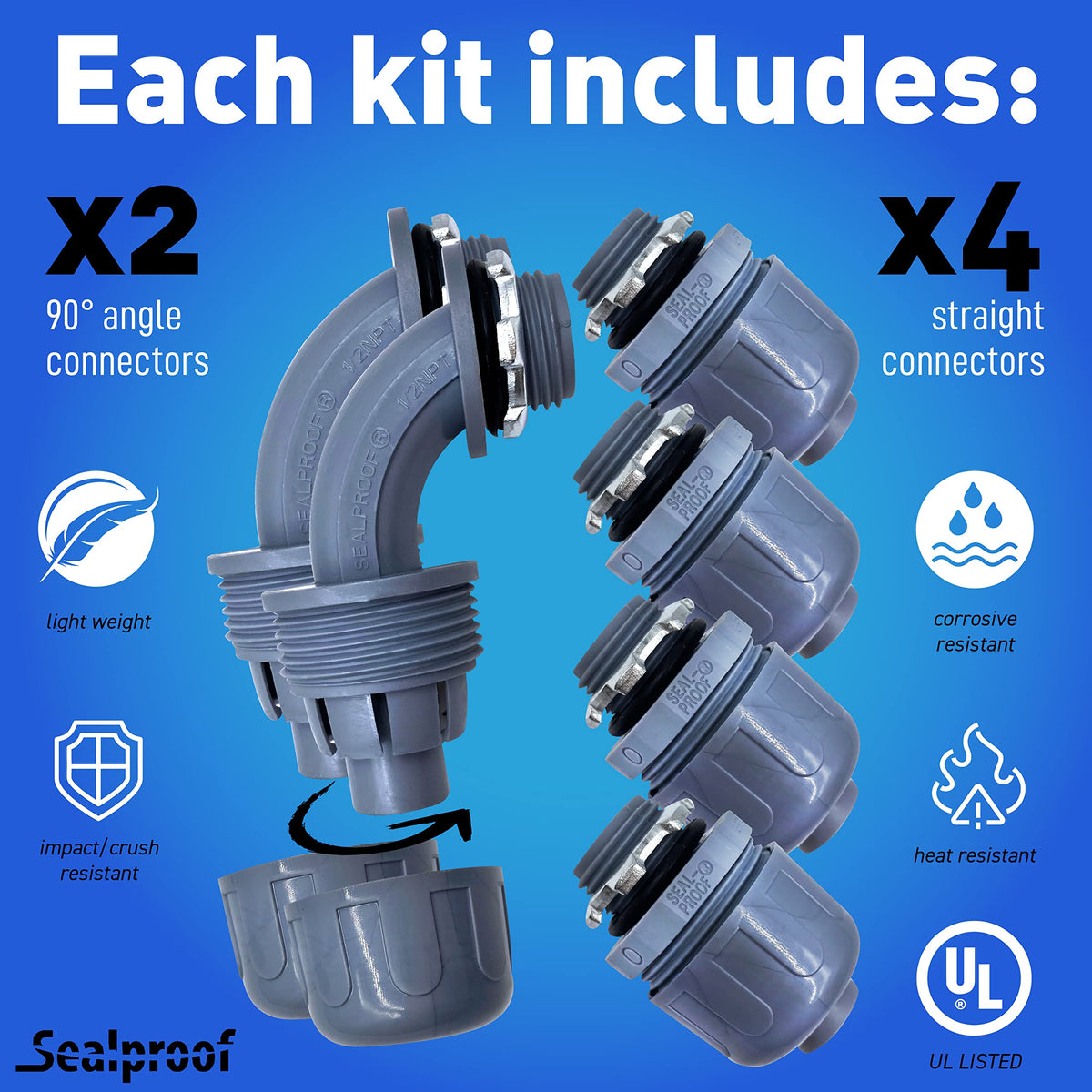 Sealproof 90-degree conduit fitting ideal for tight spaces and neat layouts.
