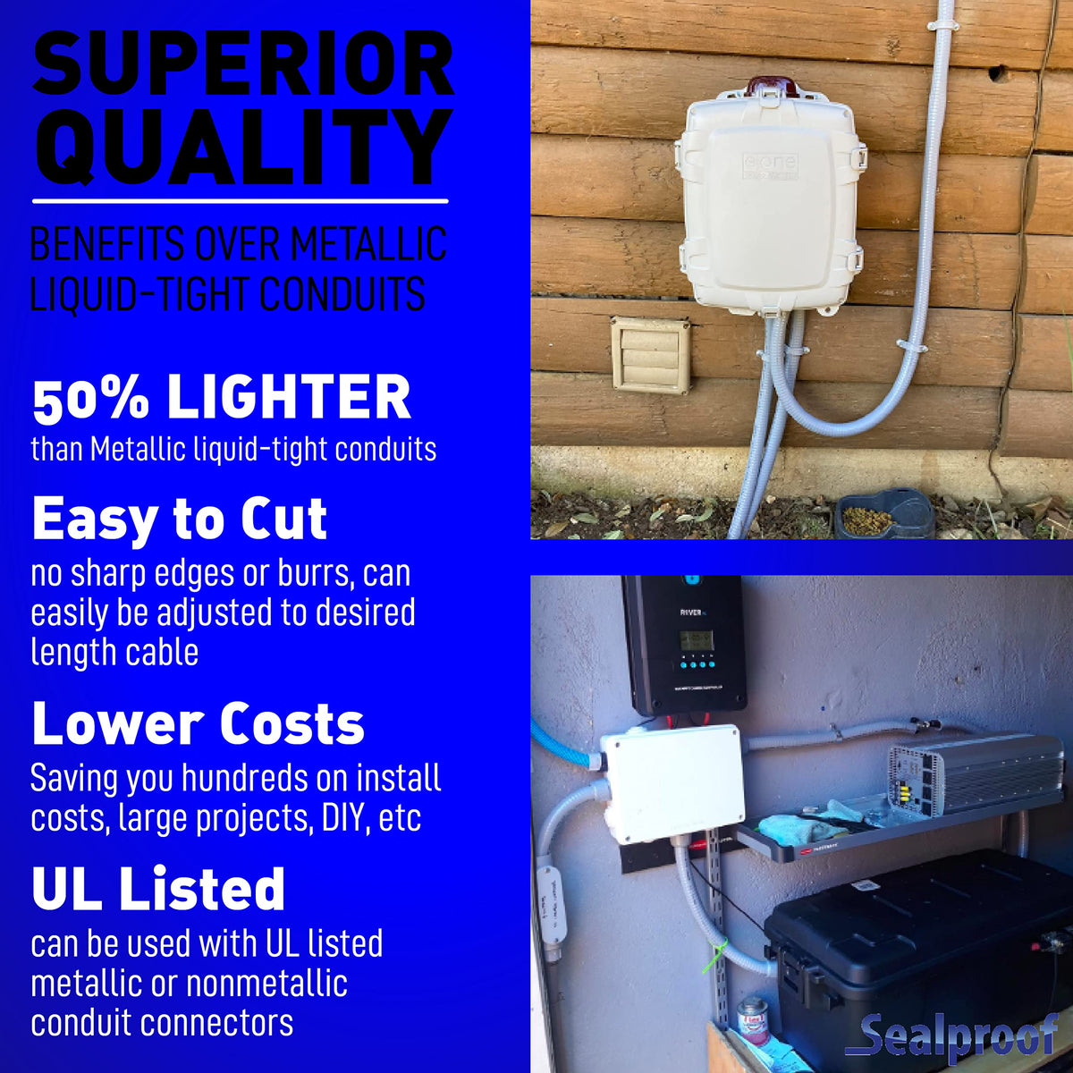 Sealproof 25 ft conduit kit includes fittings for versatile liquid-tight connections.