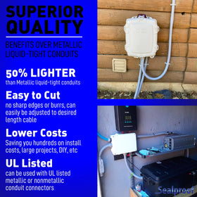 Sealproof 25 ft conduit kit includes fittings for versatile liquid-tight connections.