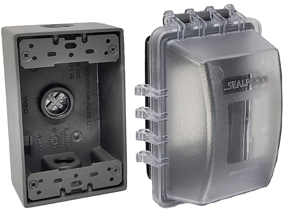 Sealproof in-use outlet cover shown in horizontal configuration protecting outdoor outlets.