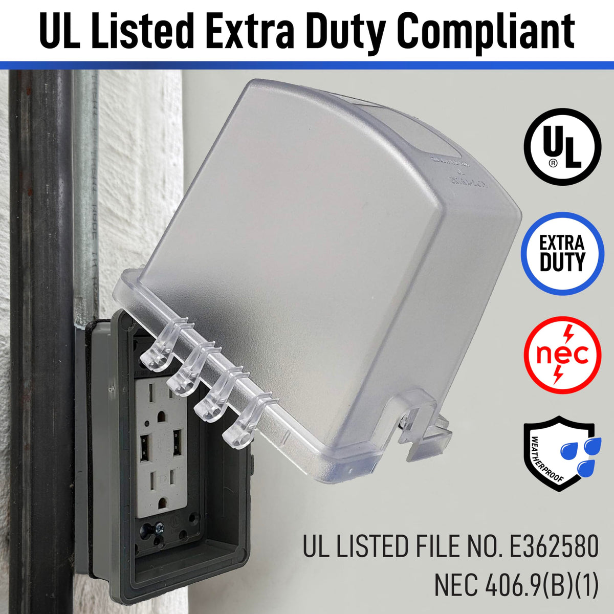 Sealproof non-metallic clear frost cover keeps the outlet visible and dry.