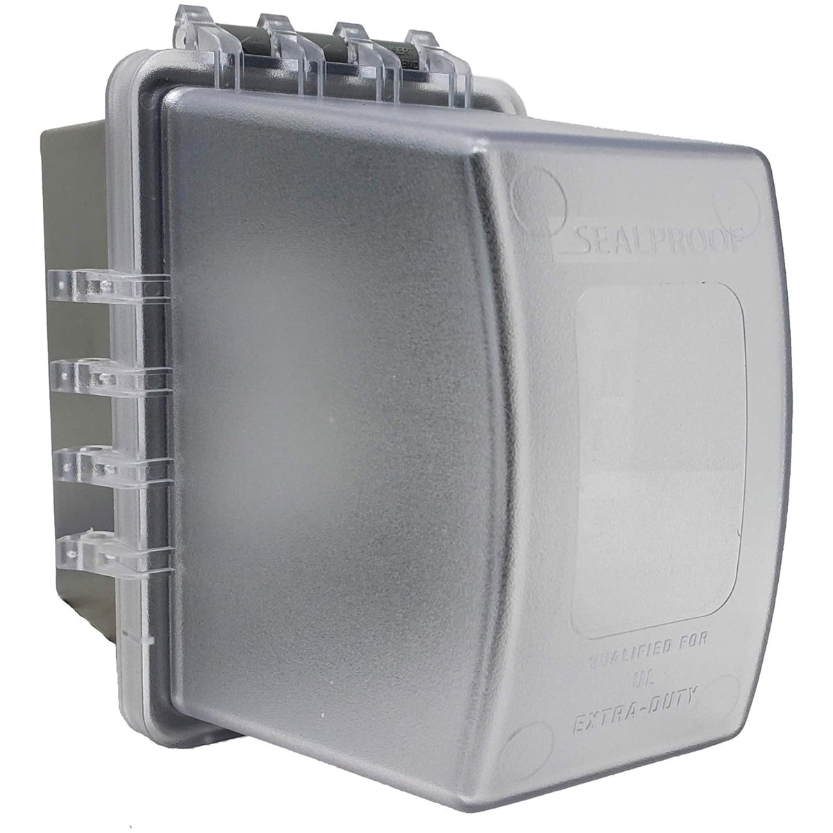Sealproof outdoor outlet with an extra-deep cover protecting cords outdoors.