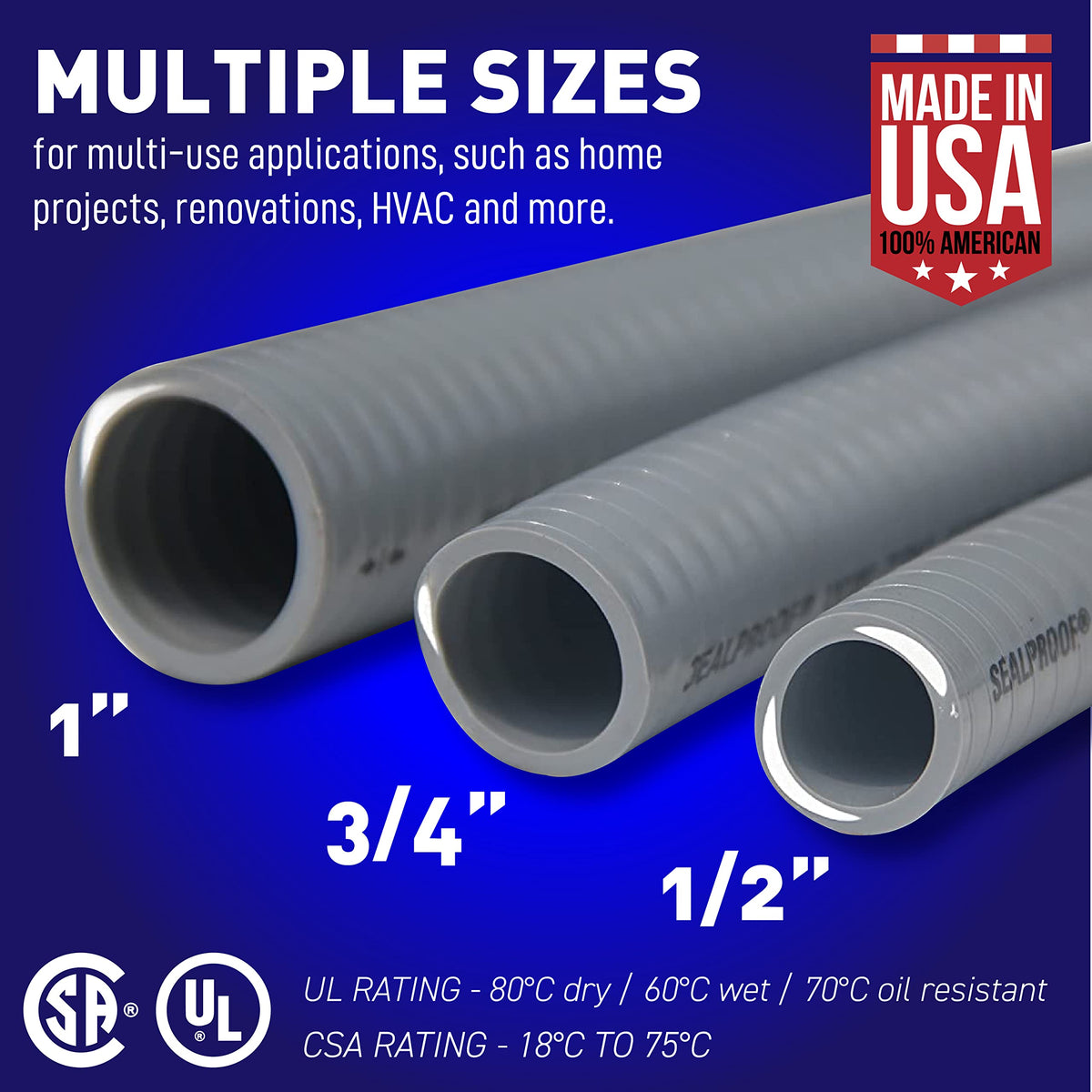 Sealproof outdoor sunlight-resistant conduit for exposed installations.