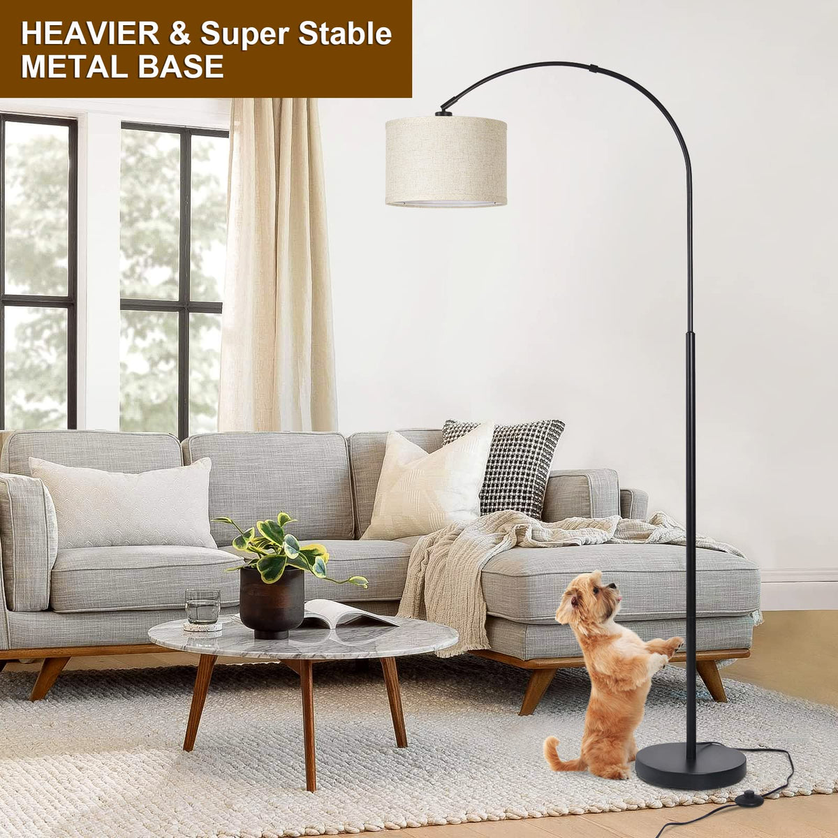Seaside village Arc Floor Lamp over couch creates focused living room lighting.
