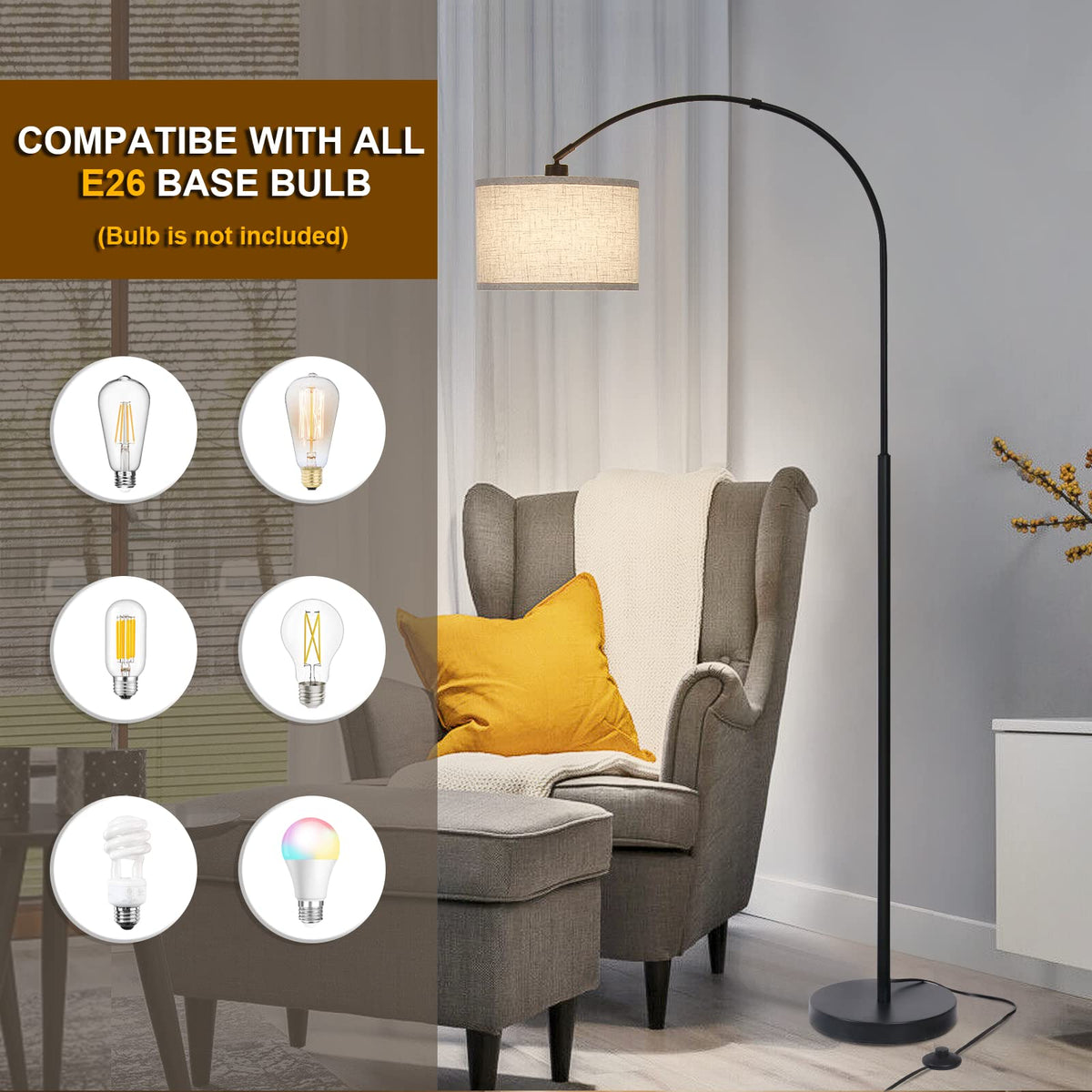 Seaside village Arc Floor Lamp integrates with smart outlets for hands-free control.