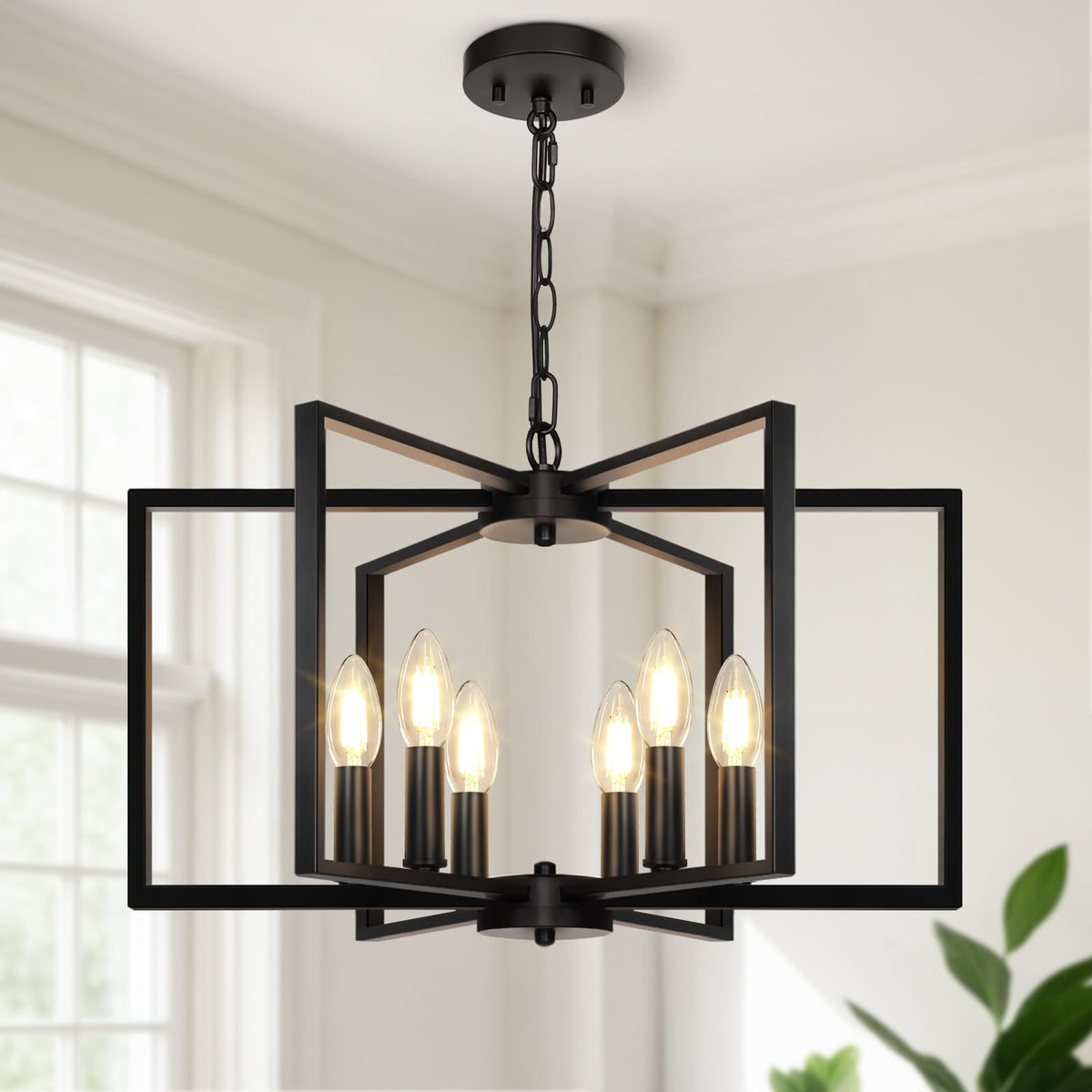 Seaside Village Black Farmhouse Chandelier with geometric frames above a dining table