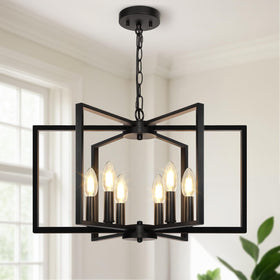 Seaside Village Black Farmhouse Chandelier with geometric frames above a dining table