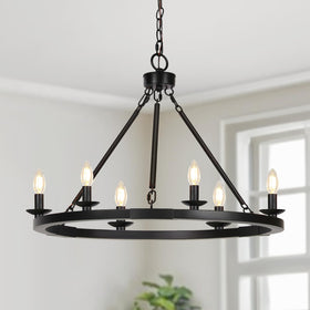 Seaside Village Black Farmhouse Chandelier with 6-light wagon wheel for warm dining ambiance.