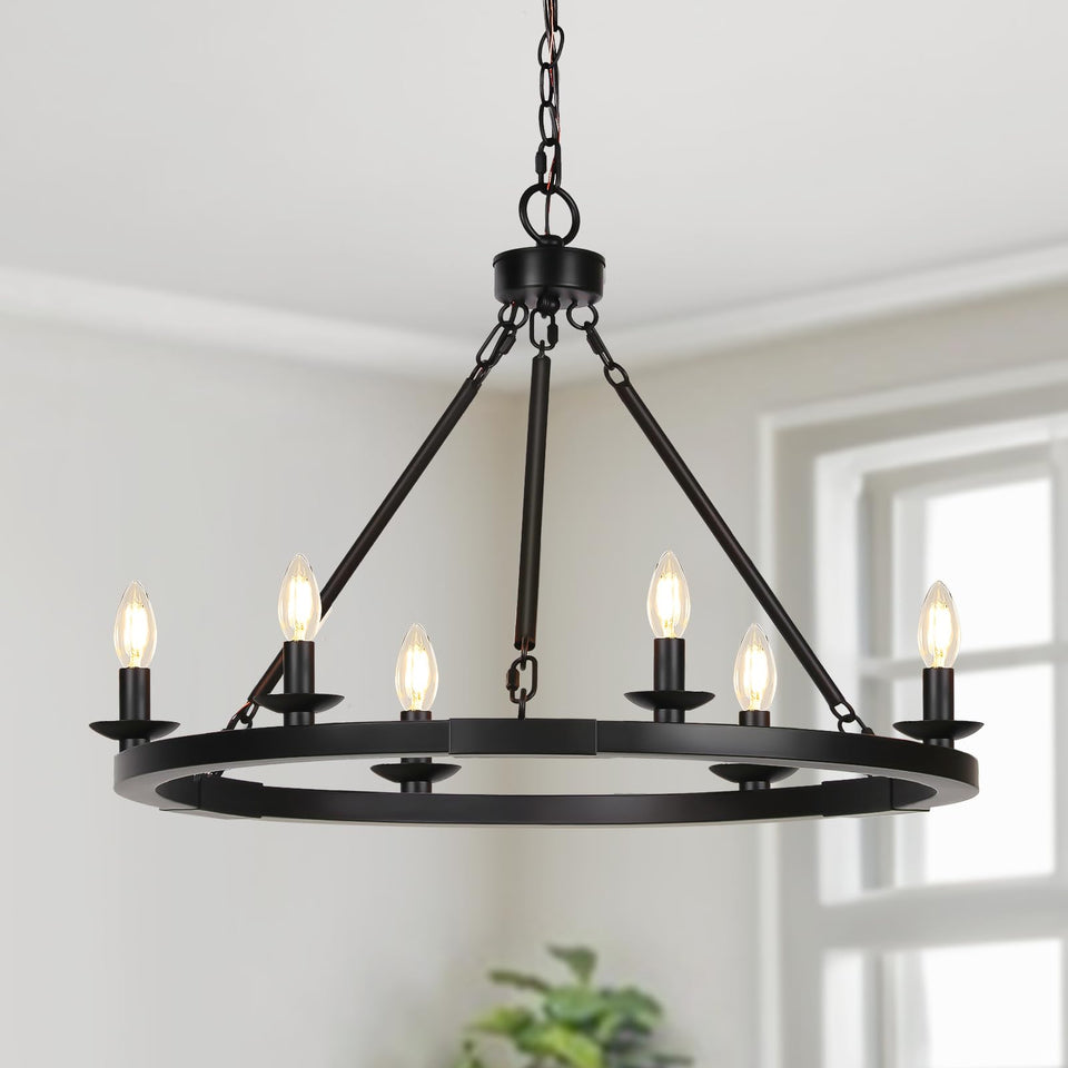 Seaside Village Black Farmhouse Chandelier with 6-light wagon wheel for warm dining ambiance.