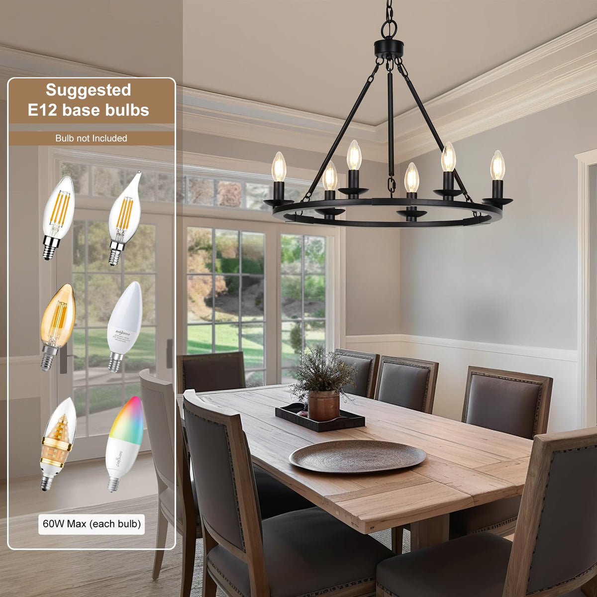 Seaside Village Chandelier over dining room table adds rustic-modern focal point.