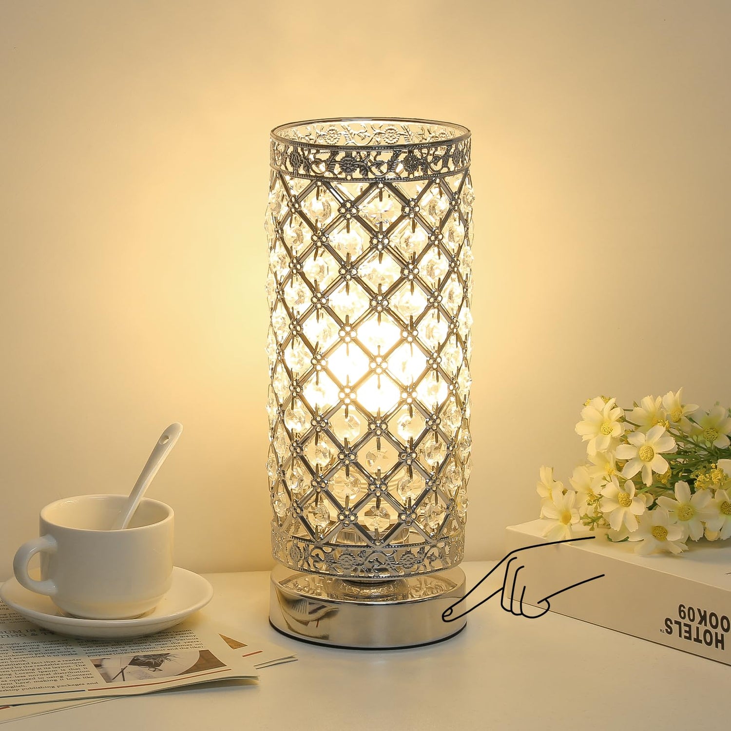 Seaside Village crystal table lamp with dimmed setting for ambient lighting.