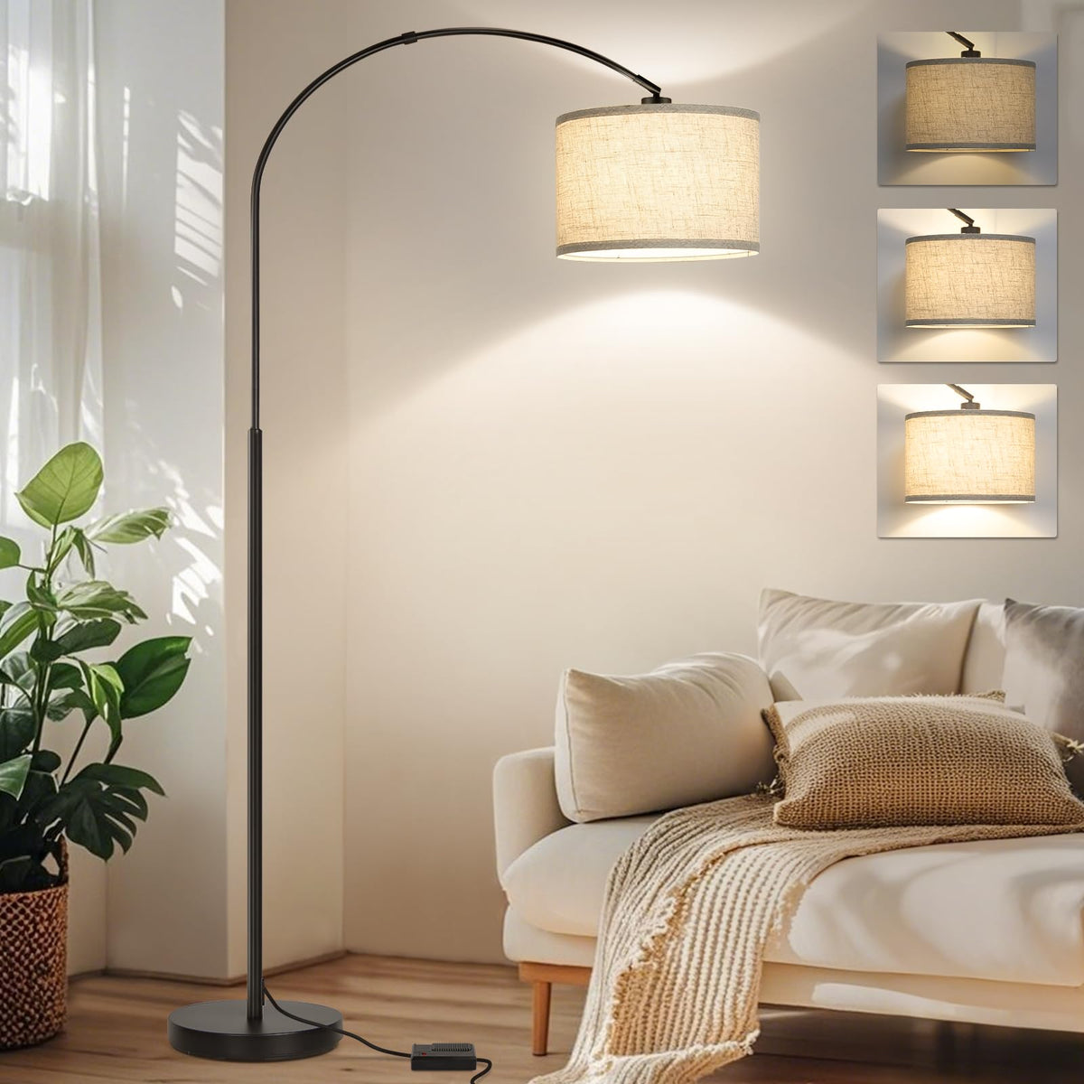 Seaside Village arc floor lamp over sofa provides adjustable, focused lighting.