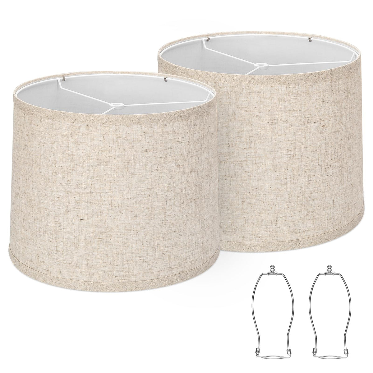 Seaside village drum lampshades in beige linen for soft living room lighting.