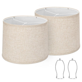 Seaside village drum lampshades in beige linen for soft living room lighting.