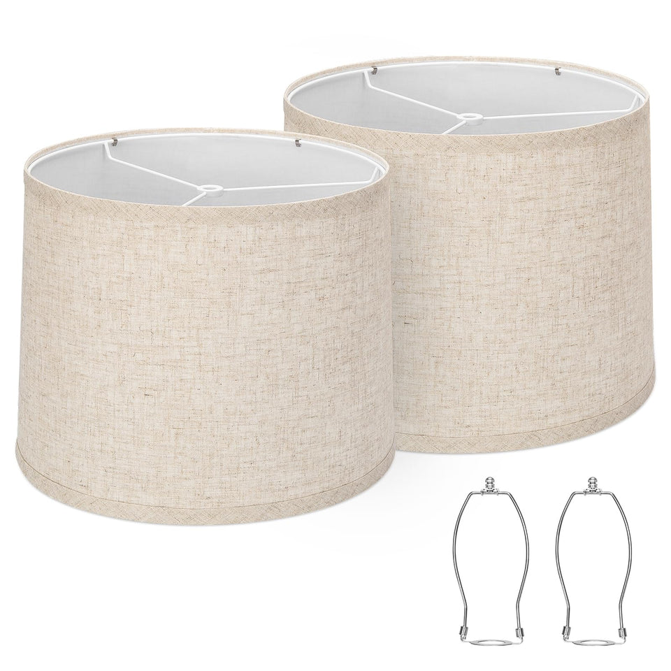 Seaside village drum lampshades in beige linen for soft living room lighting.