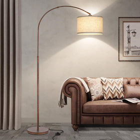Seaside Village floor lamp full view over living room, vintage arc design