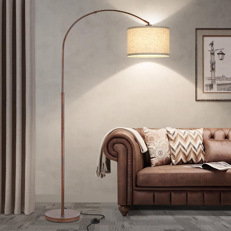 Seaside Village floor lamp full view over living room, vintage arc design