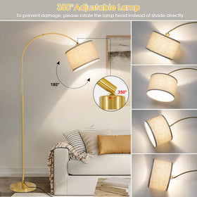 Seaside village Gold Arc Floor Lamp foot switch enables hands-free control.