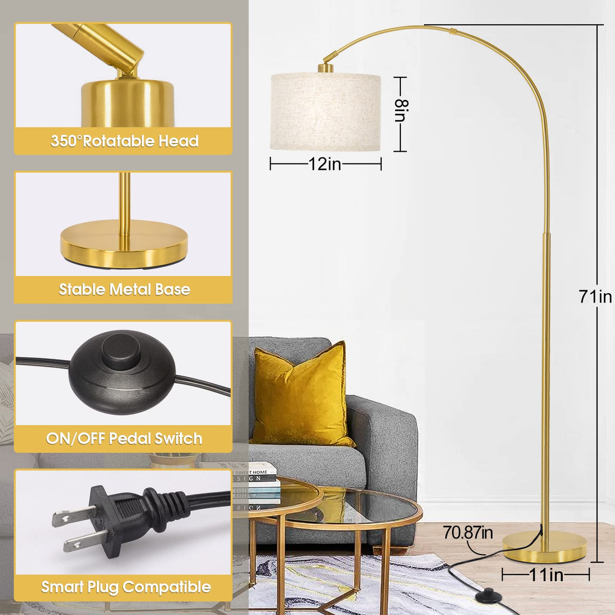 Seaside village Gold Arc Floor Lamp adjustable shade tilt supports focused reading.