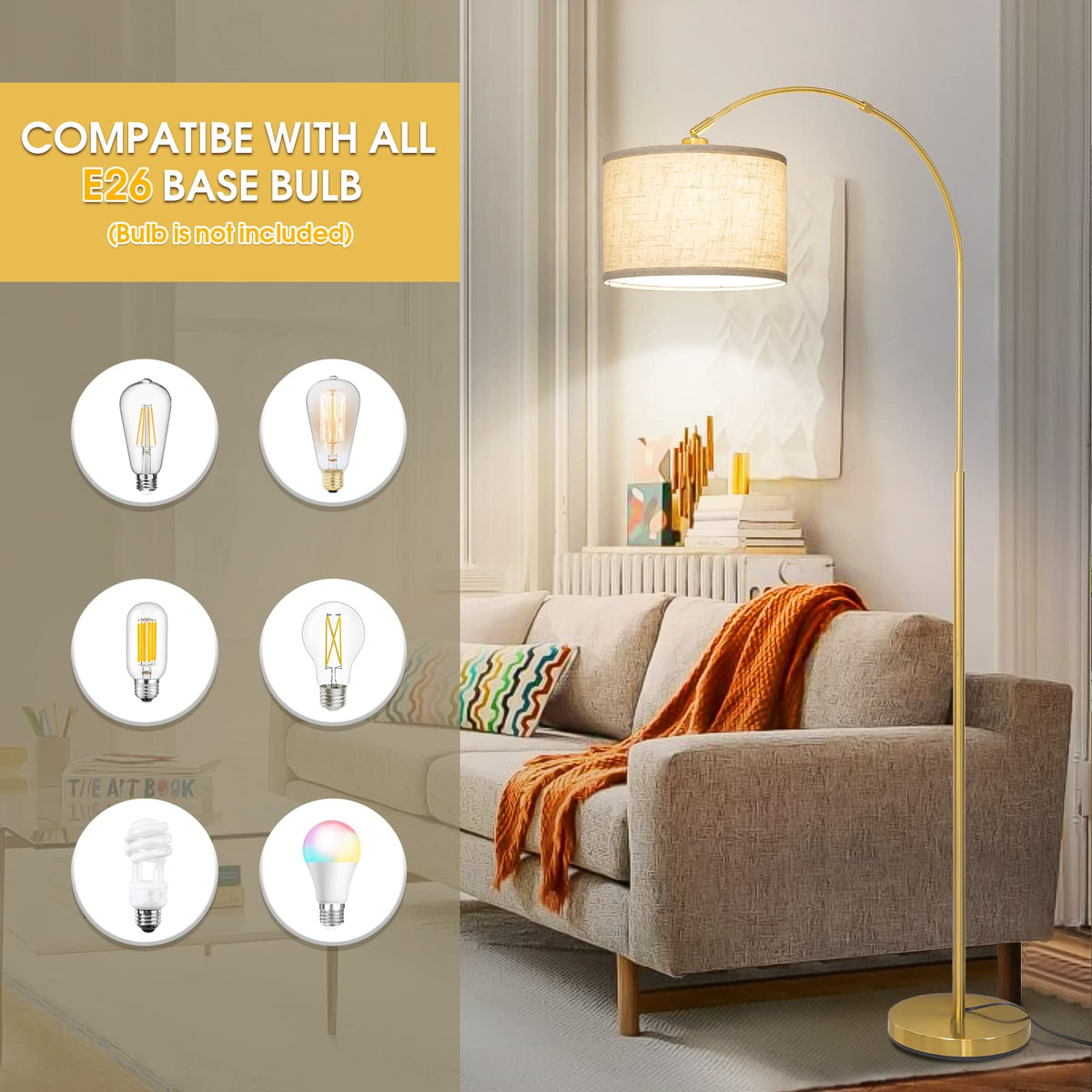 Seaside village Gold Arc Floor Lamp weighted pole for safe placement.