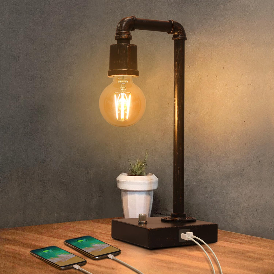 Seaside Village industrial table lamp base with USB-C charging for easy power access