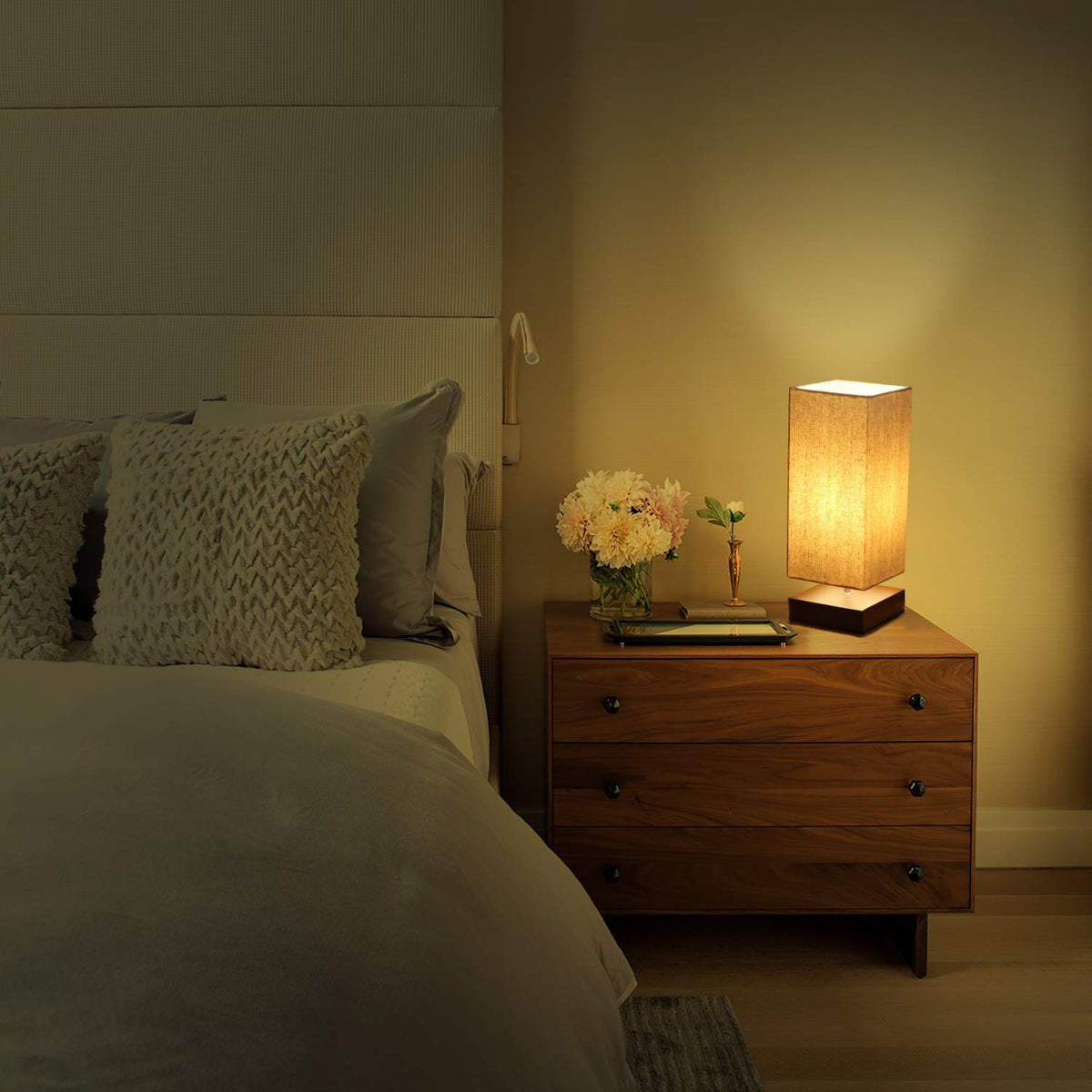 Seaside Village nightstand lamp on a desk demonstrating compact footprint