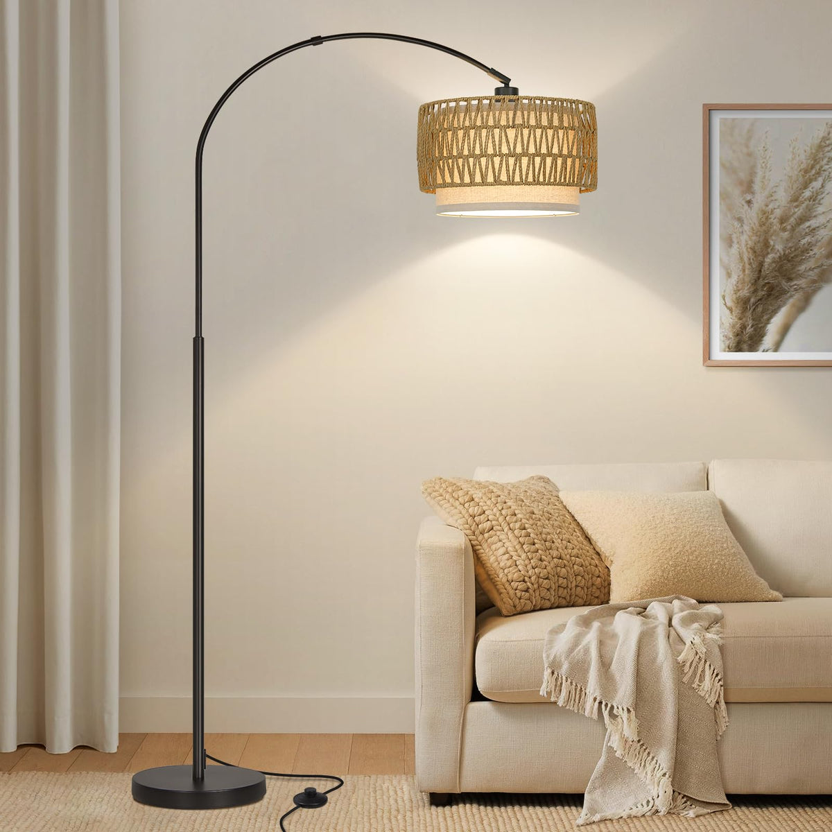 Seaside Village rattan floor lamp arc base ideal for living room ambience and reading