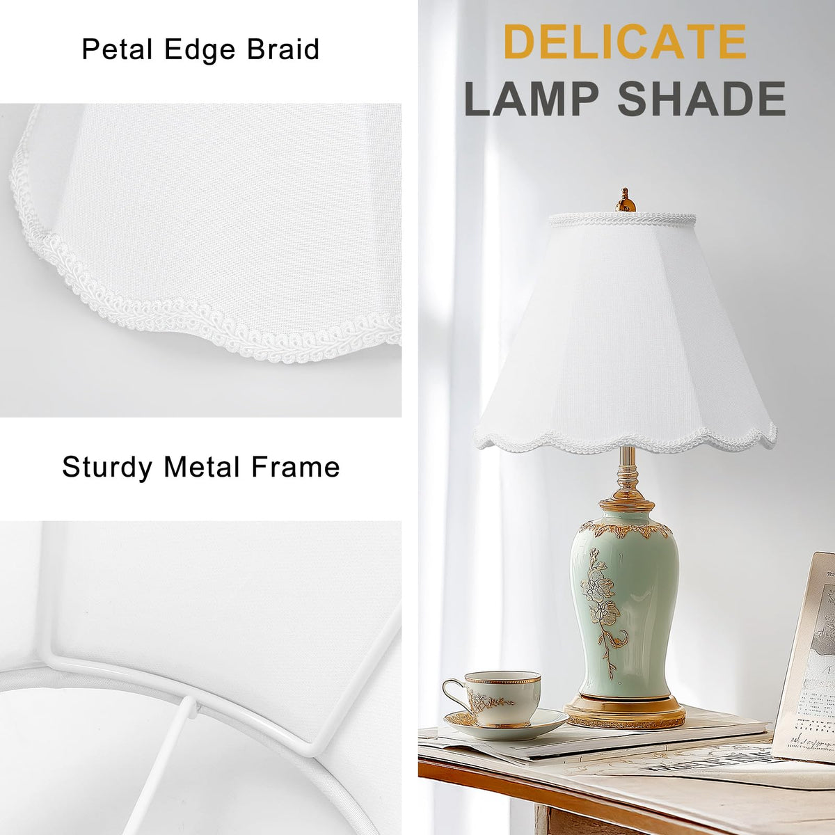 Seaside Village scalloped lamp shades set2, close detail of petal edge braid